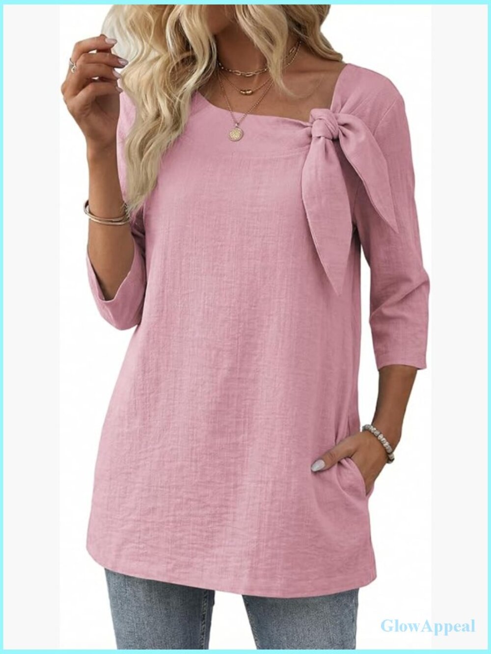 Linen Tunic Top 3/4 Sleeve with Pockets Bow Tie Blouse